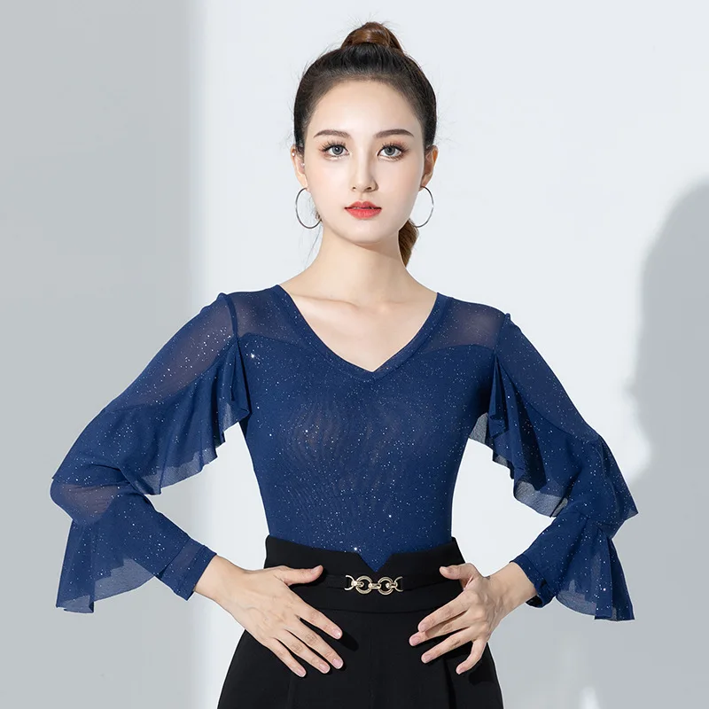 Sequin Mesh Ballroom Tango Latin Tops Girls Elegant Latino Practice Dance Wear Women Solid Color Slim Fit Ruffle Tops Clothes