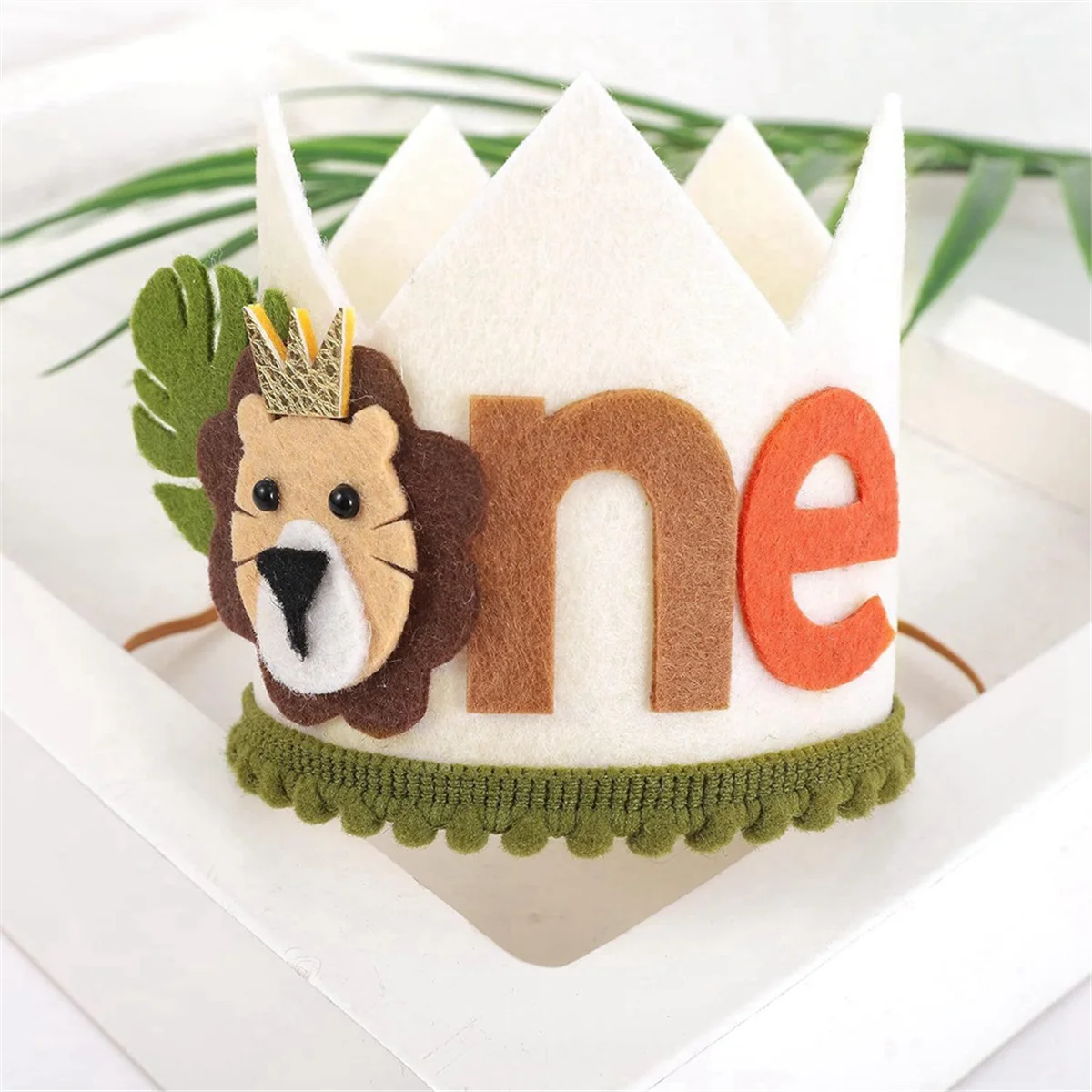 1 Year Old Kids Avocado Green Lion Birthday Crown First Baby Party White Non Woven Safari