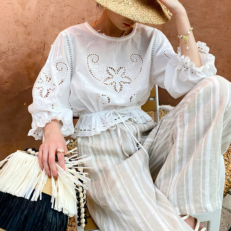 

Women's Embroidered Hollow out Top And Skirt Set Summer Vaion Long Dr Set Casual Sportswear Ensemble for Ladies