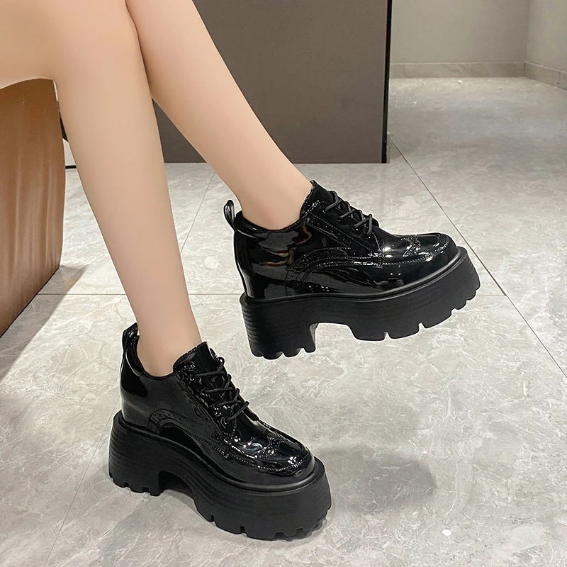 Women Patent Leather Platform Sneakers 10.5CM Wedge Heels Ladies Autumn Chunky Shoes Pumps Woman Lace-Up Thick Sole Casual Shoes