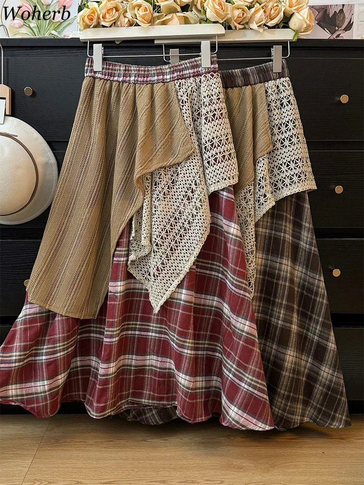 

Patchwork Skirts Women's Clothing High Waist A-line Saia Vintage Korean Autumn Jupe 2024 Faldas Mujer De Moda Loose Plaid Skirt