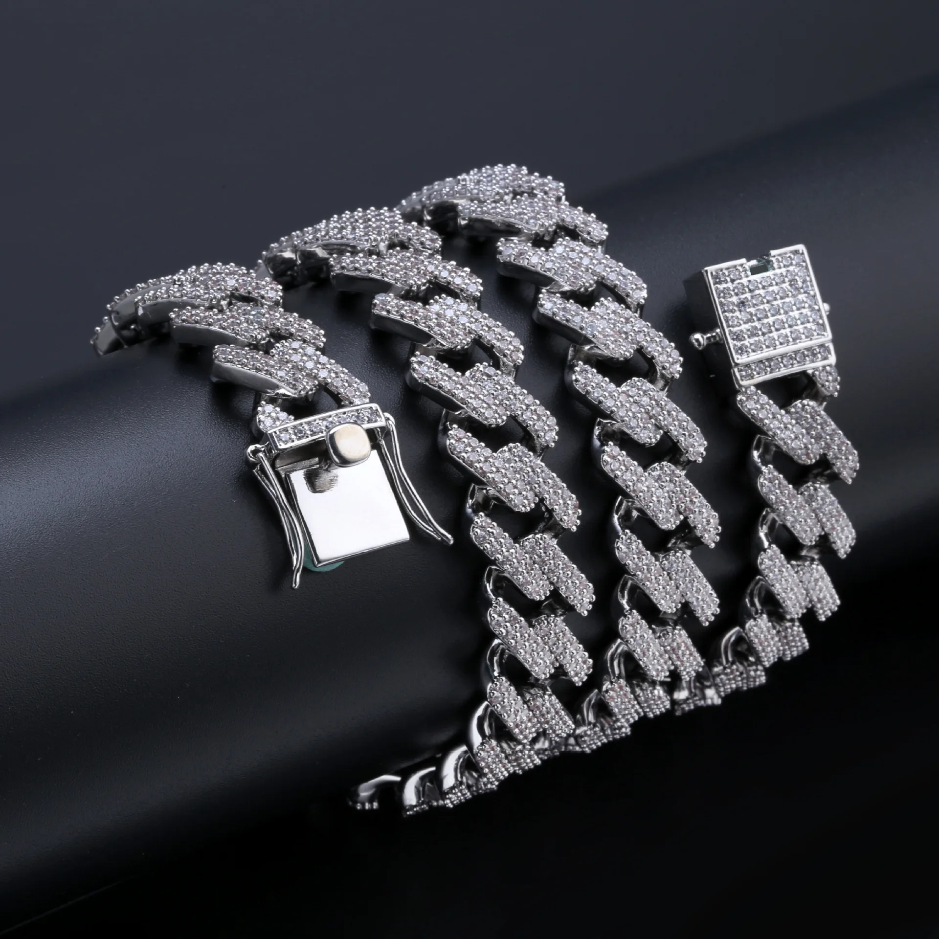 D&Z Fashion 14MM Baguette Prong Cuban Chain Necklace Men Bling Iced Out CZ Setting AAA+ Cubic Zirconia Box Buckle Chain Jewelry