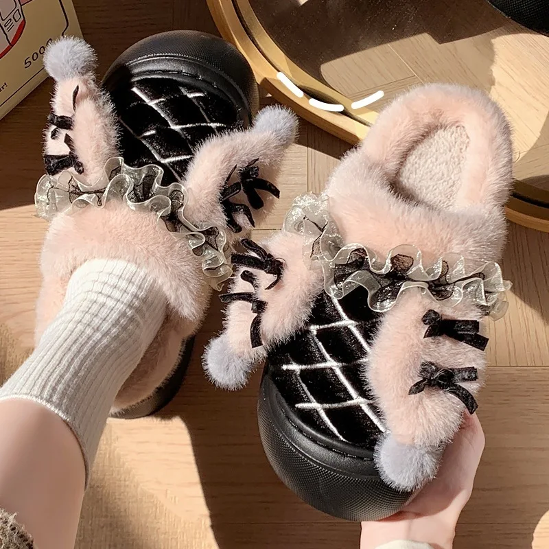 Furry Bow Women Slippers Fashion Ruffles Plush Warm Female Home Shoes Winter Soft Bottom Woman Indoor Slippers