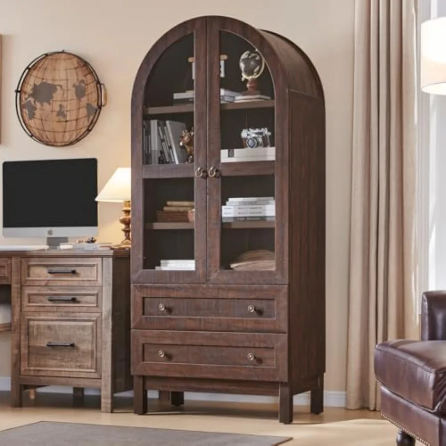 71 Tall Arched Bookshelf 4Tier Bookcase with Glass Doors and Shelves Wooden Display Cabinet w 2 Large Storage Drawers Modern Fa