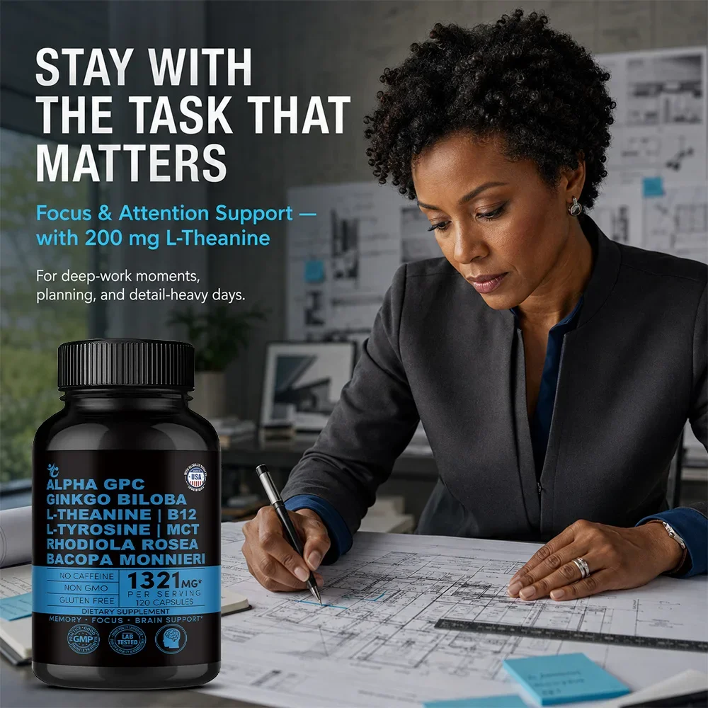 Alpha GPC + Ginkgo Biloba + L- Tyrosine, L-Theanine, Bocopa Monnieri, Rhodiola Rosea, B12, MCT, Support Brain Health