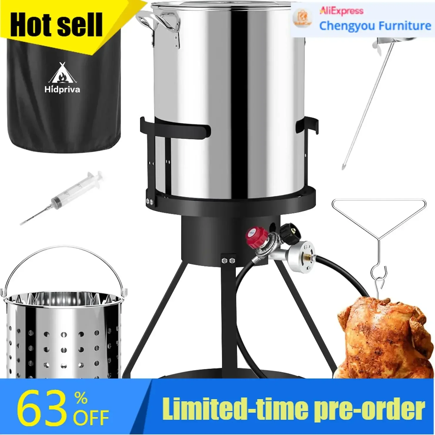 Outdoor Deep Fryer Turkey Fryer Propane Burner Stainless Steel With Basket And Cover For Turkey Frying Seafood Boil