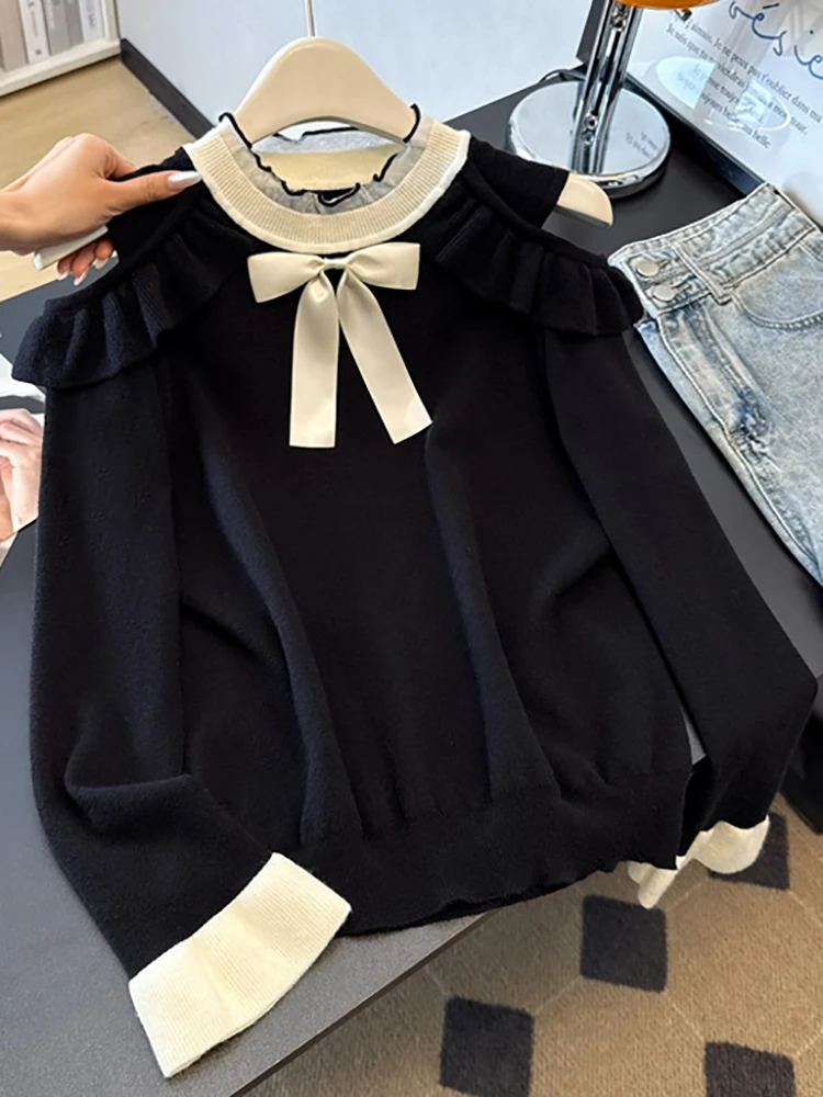 

Модный осенний женский пуловер, свитер с круглым вырезом, повседневные трикотажные рубашки с длинными рукавами и бантом, универсальный облегающий топ