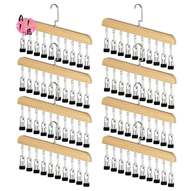 A11E-8PCS Space-Saving Closet Organizer With 10 Clips - Multi-Purpose Hanging Storage For Wardrobe, Wooden Hangers