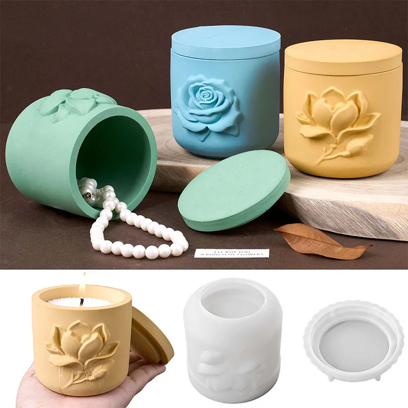 Relief Rose Flower Candle Jar Silicone Mold DIY Home Nordic Decor Magnolia Lily Flowerpot Plaster Resin Storage Box Craft Molds