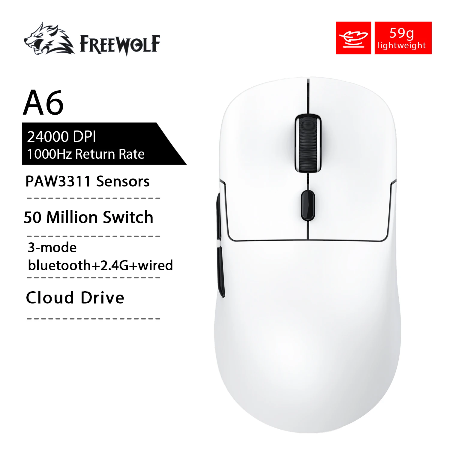A6 Wireless Gaming Mouse PAW3311 24000DPI RGB Tri-Mode Bluetooth Wired 59g Lightweight Ergonomic Professional for Gamer