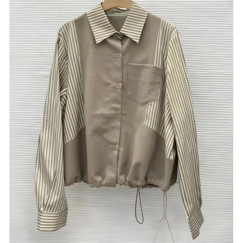 

Women's Long Sleeve Shirt Casual Loose Fit Stripe Patchwork Drawstring Collar Top Vintage Design Autumn Winter New Style