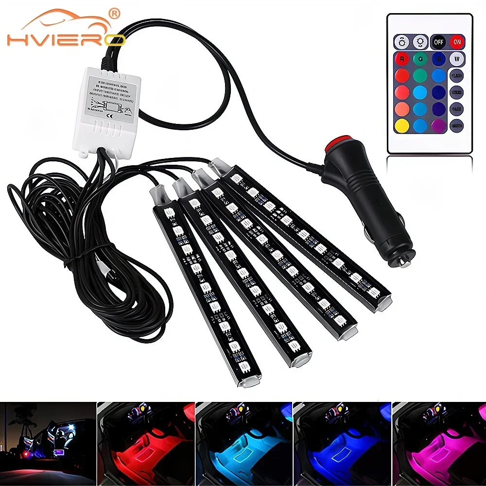 

4Pcs Car Interior Floor Foot Lamps RGB LED Brake Strip Light 5050 Auto Remote Control Flexible Atmosphere Decoration Edge Dc 12V