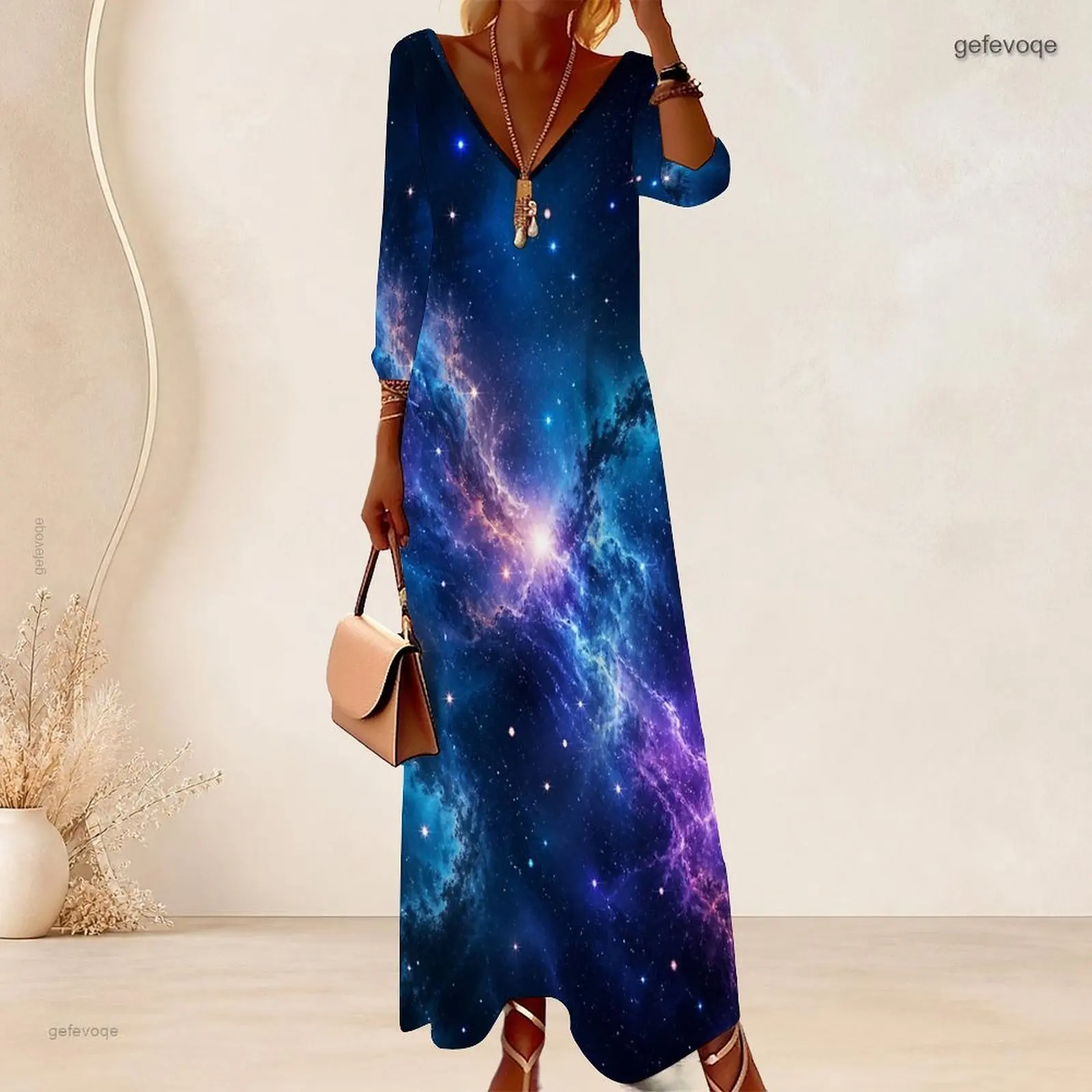 Women Deep V Neck Maxi Dress 3/4 Sleeve Loose Straight Long Dress Custom Print Casual Vacation Beach Ladies Floor Length Dress
