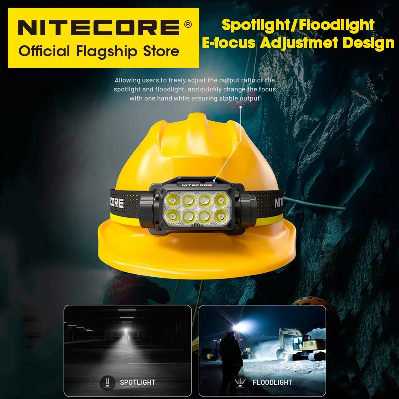 NITECORE HC75 UHE E-focus كشافات للعمل 3000 لومن USB-C مصباح أمامي قابل لإعادة الشحن كشاف كاشف، بطارية ليثيوم أيون 5500 مللي أمبير في الساعة 21700