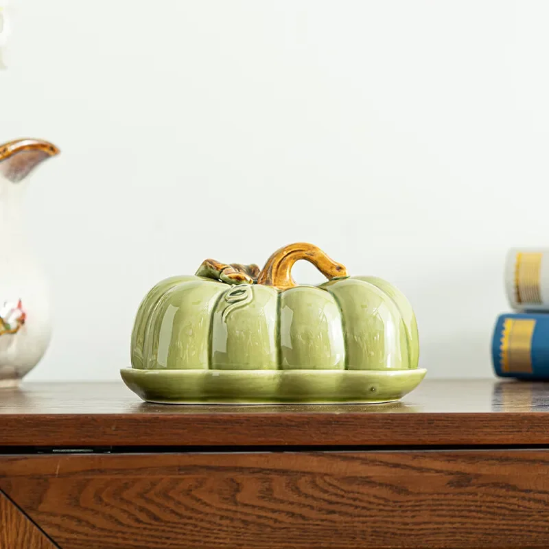 Pumpkin ceramic bread cake dried fruit butter fruit plate candied snack plate plate green