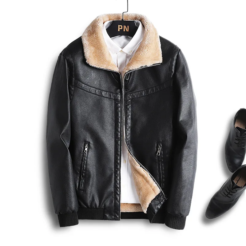 Prowow Men's winter plush thick motorcycle leather jacket men's fur one-piece coat leather jacket