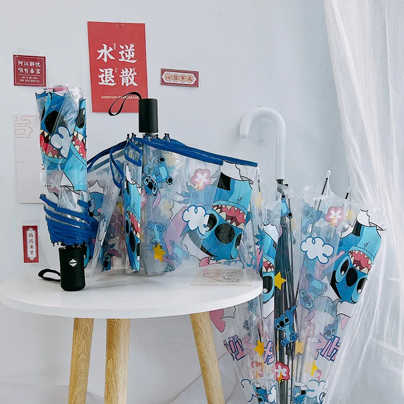 Stitch Disney Umbrella Lilo & Stitch Automatic Umbrella Cute Transparent Fold Tri-Fold Umbrella Child Cartoon Boys Girl Gift