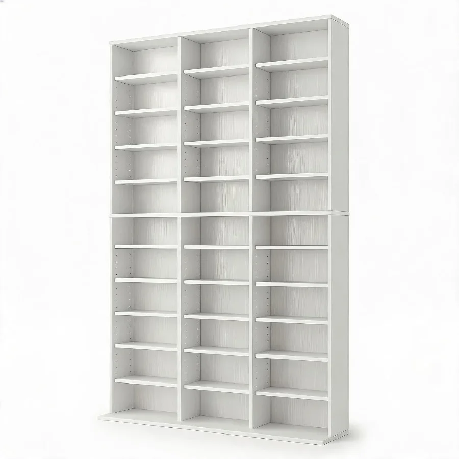 Tall Media Storage Cabinet Tower Bookcase for Living Room, MDF Wood, White, 7/9/11-Tier with 21/27/33 Compartments for Organize