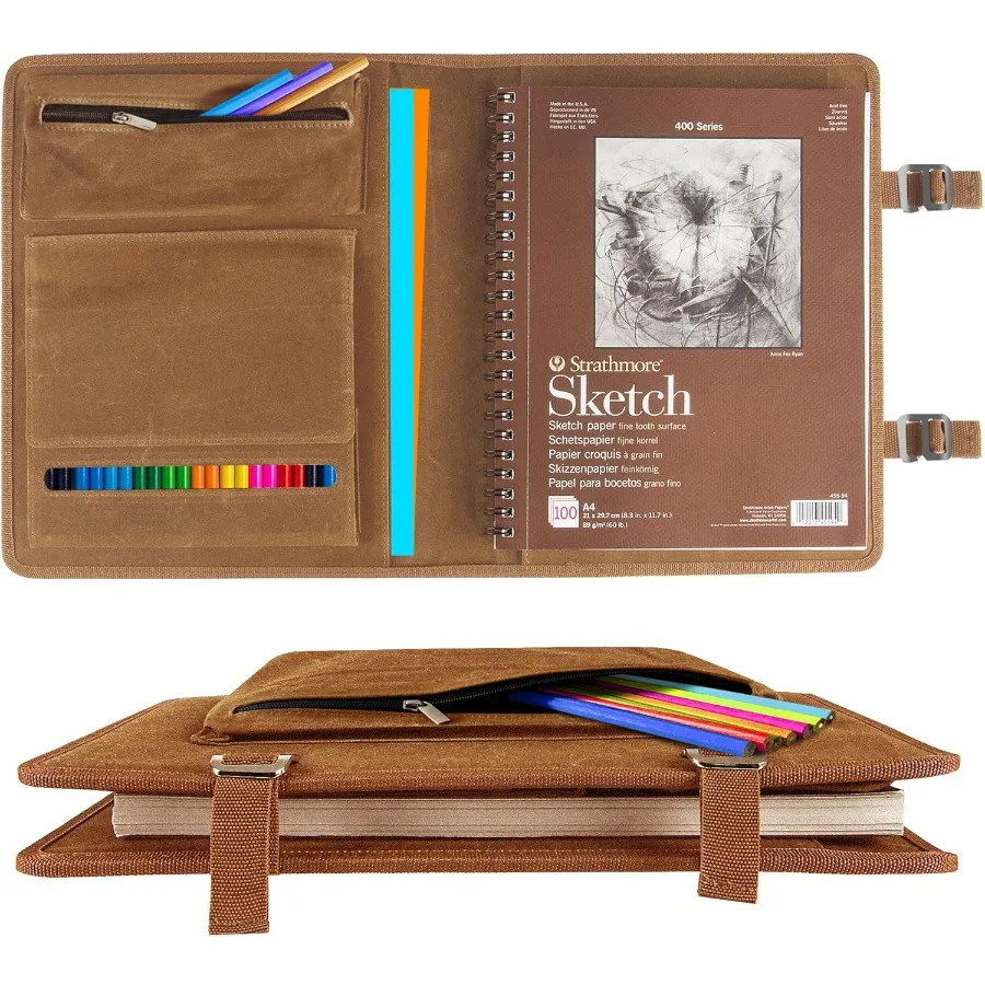 Funda de cuaderno de bocetos de lona encerada con portalápices incorporado para viajes y dibujos al aire libre, se adapta a cuaderno de bocetos de 9x12 y Spira de 8,5x11
