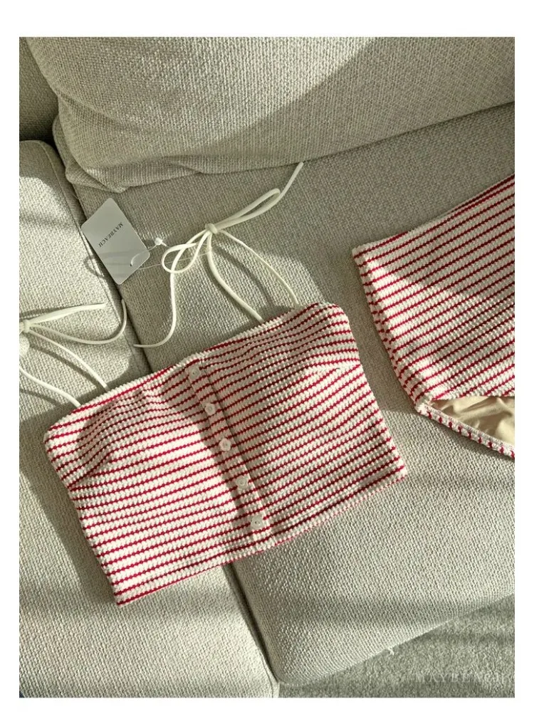 2 colors Korean version of the new retro striped Japanese girl small chest split conservative swimsuit vacation bikini swimsuit