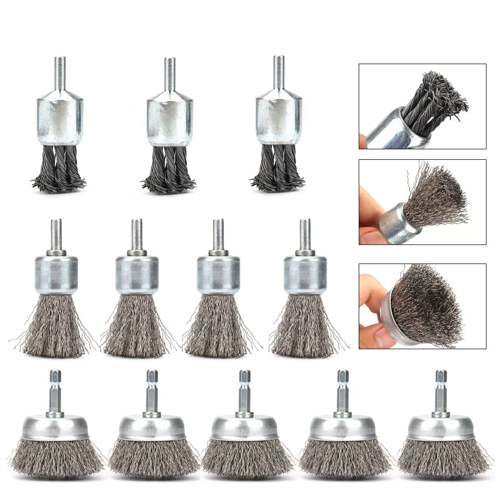 12Pcs Mix Stainless Steel Wire Wheel Brush Kit Polishing With 1/4\