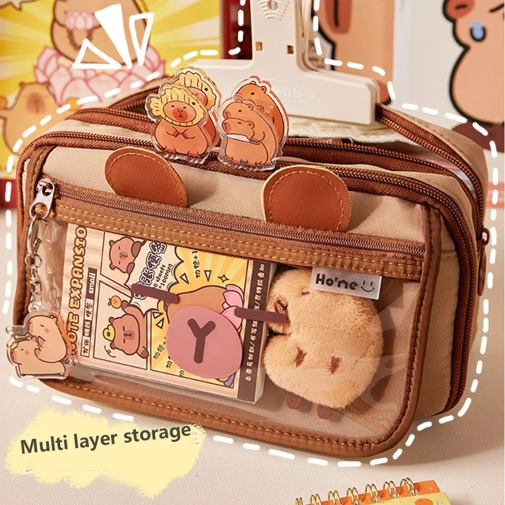 

Large Capacity Capybara Stationery Bag Multi Layer 3D Ear Capybara Pen Bag Canvas Flip Cover Cartoon Pencil Pouch Kids Gift