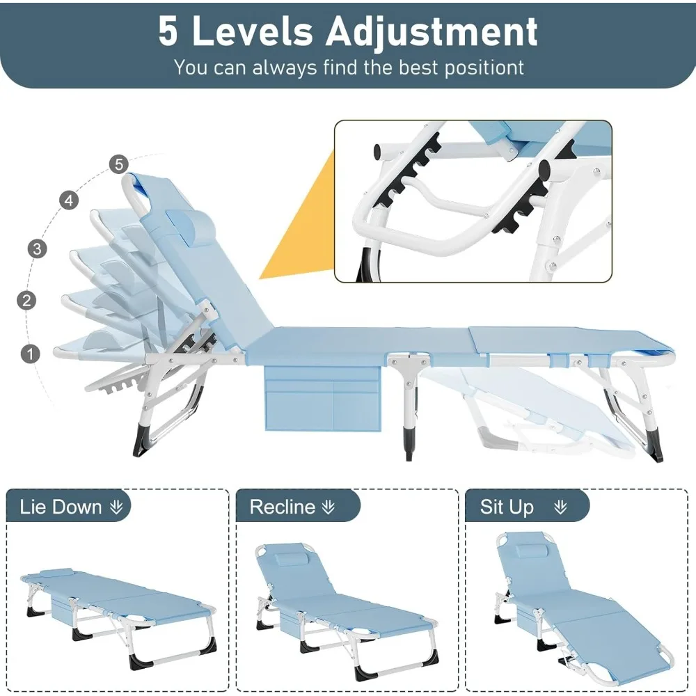 Chaise de bronzage 3 en 1 avec matelas, transat d'été avec trou pour le visage et le bras, réglable et résistante au soleil