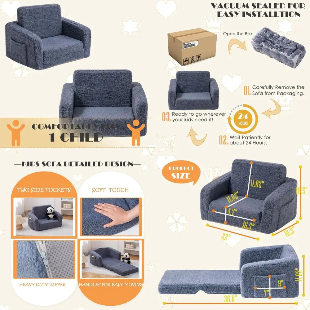 

Convertible 2-in-1 Kids Sofa Chair for Toddlers, Unisex Playroom Furniture with Sherpa Cover, Grey