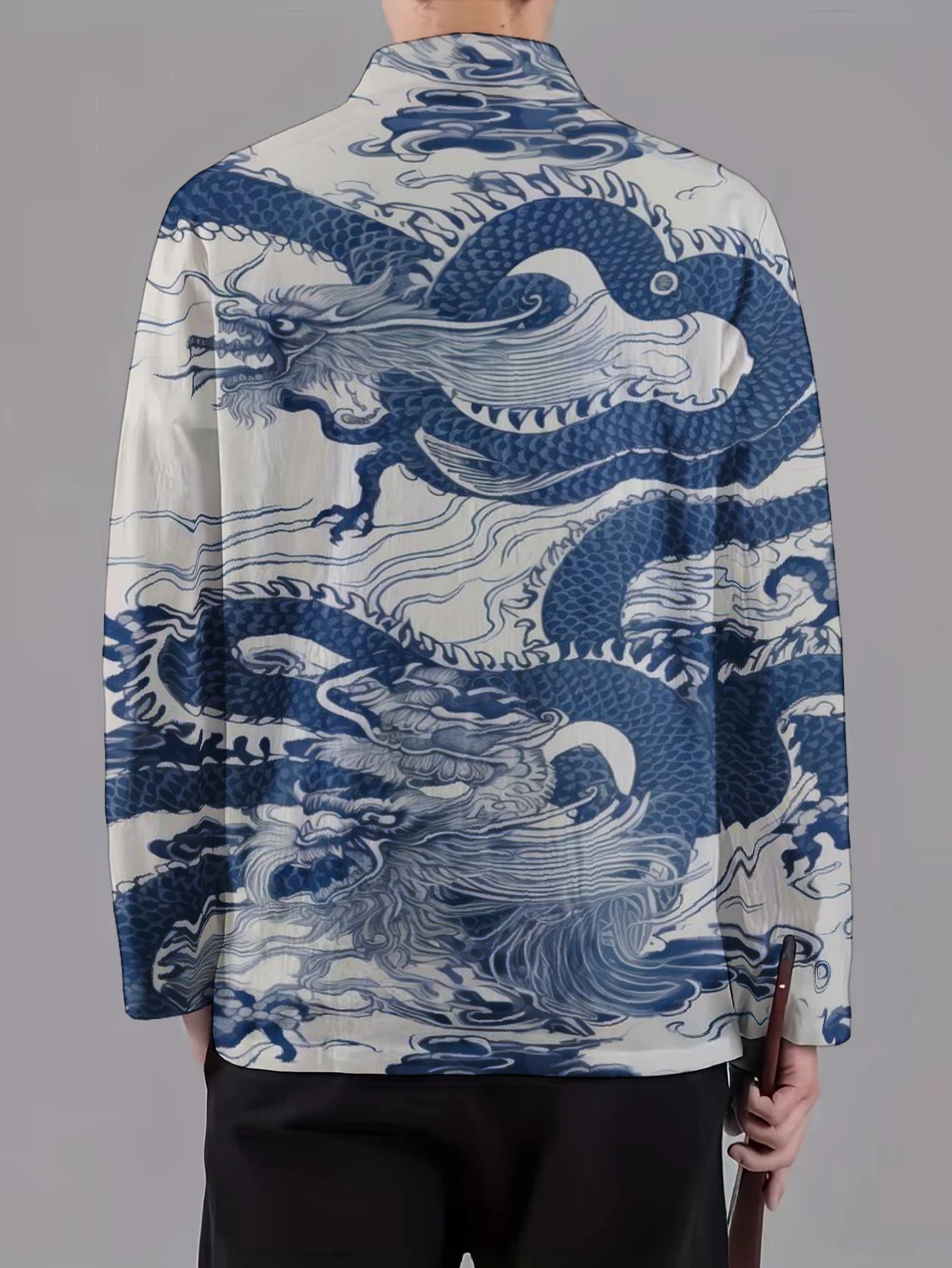 Men Mandarin Collar Frog Button Jacket Dragon Nature Art Print Traditional Outerwear
