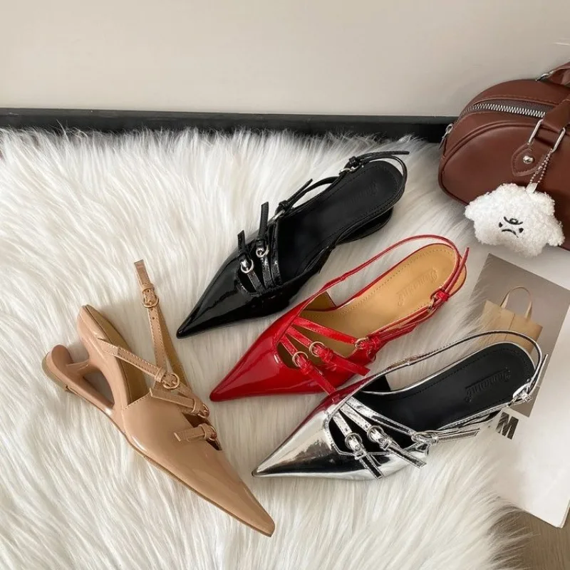 

Belt Buckle One Strap Wedge Sandals Summer New Pointed Toe Shallow Mouth Non-Slip Heels