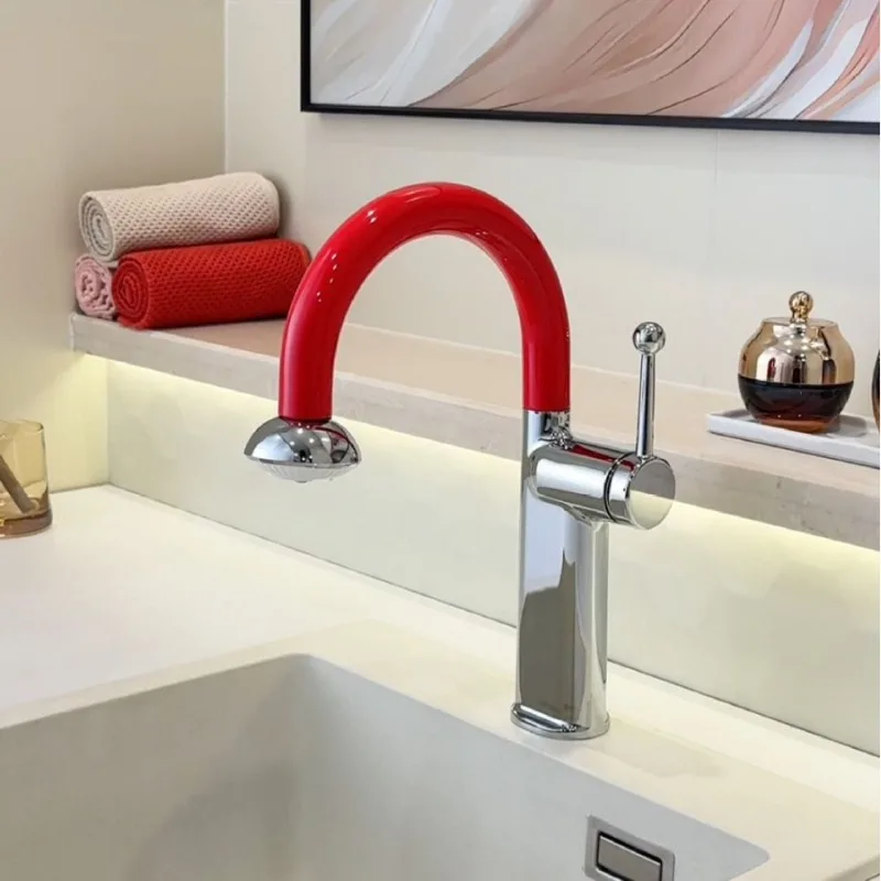 Red Pull-out Cold and Hot Dual-control Basin Faucet Adjustable Height/Rotating Brass Bathroom Basin Faucet Kitchen Sink Faucet