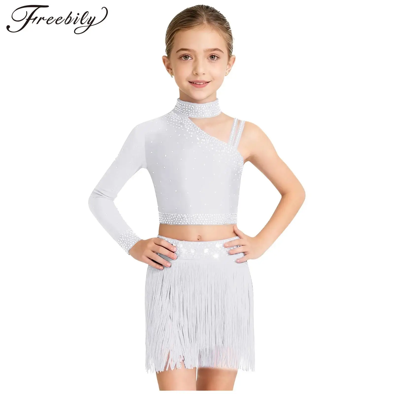

Костюм для латинских танцев для девочек, комплект юбок для современного лирического танца, танцевальная одежда для фигурного катания, топ со стразами, юбки с бахромой