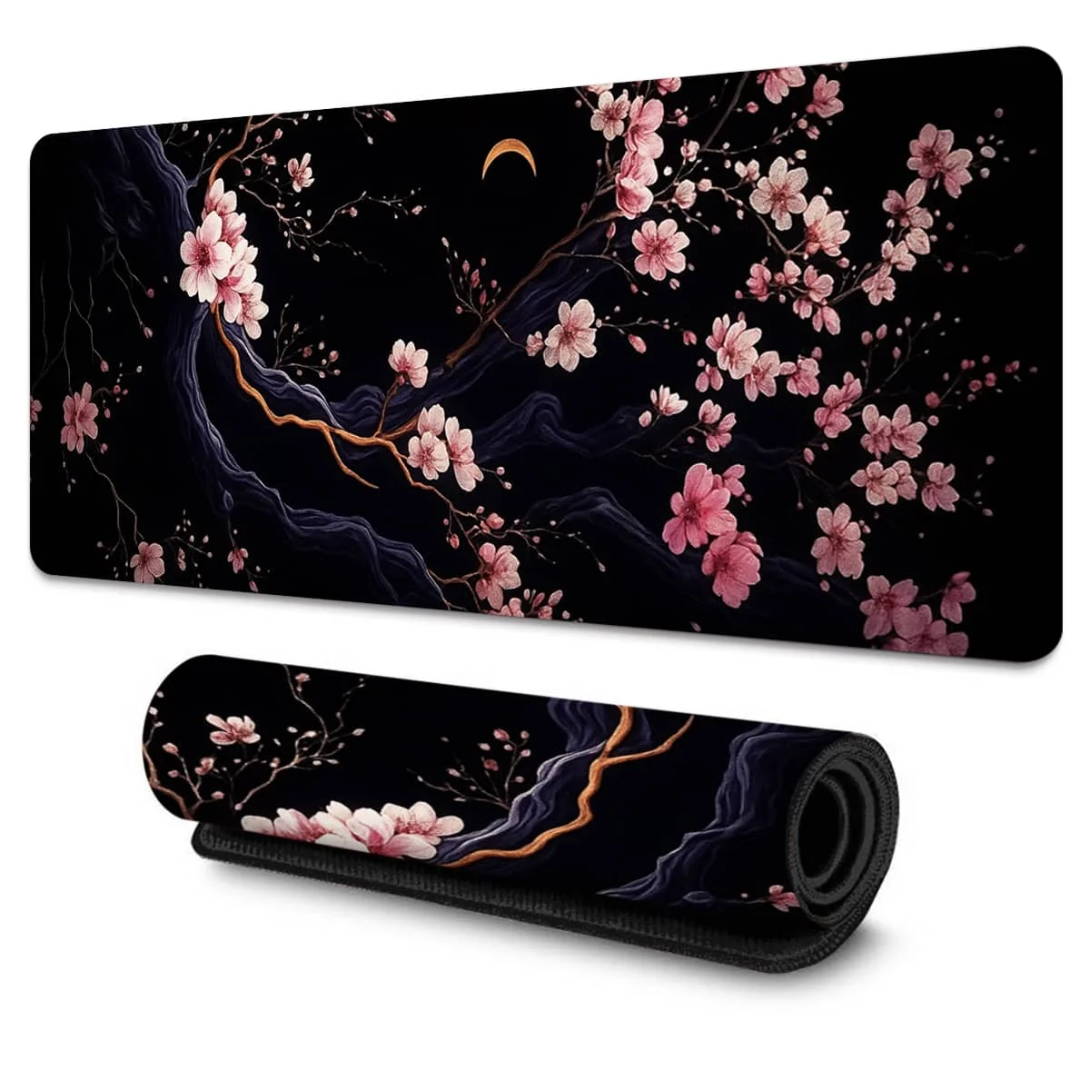 قطعة واحدة من زهر الكرز الأسود والوردي الكبير مع لوحة ماوس على شكل هلال القمر، مطاط غير قابل للانزلاق ومتين، مثالية للألعاب والمكتب والهدايا