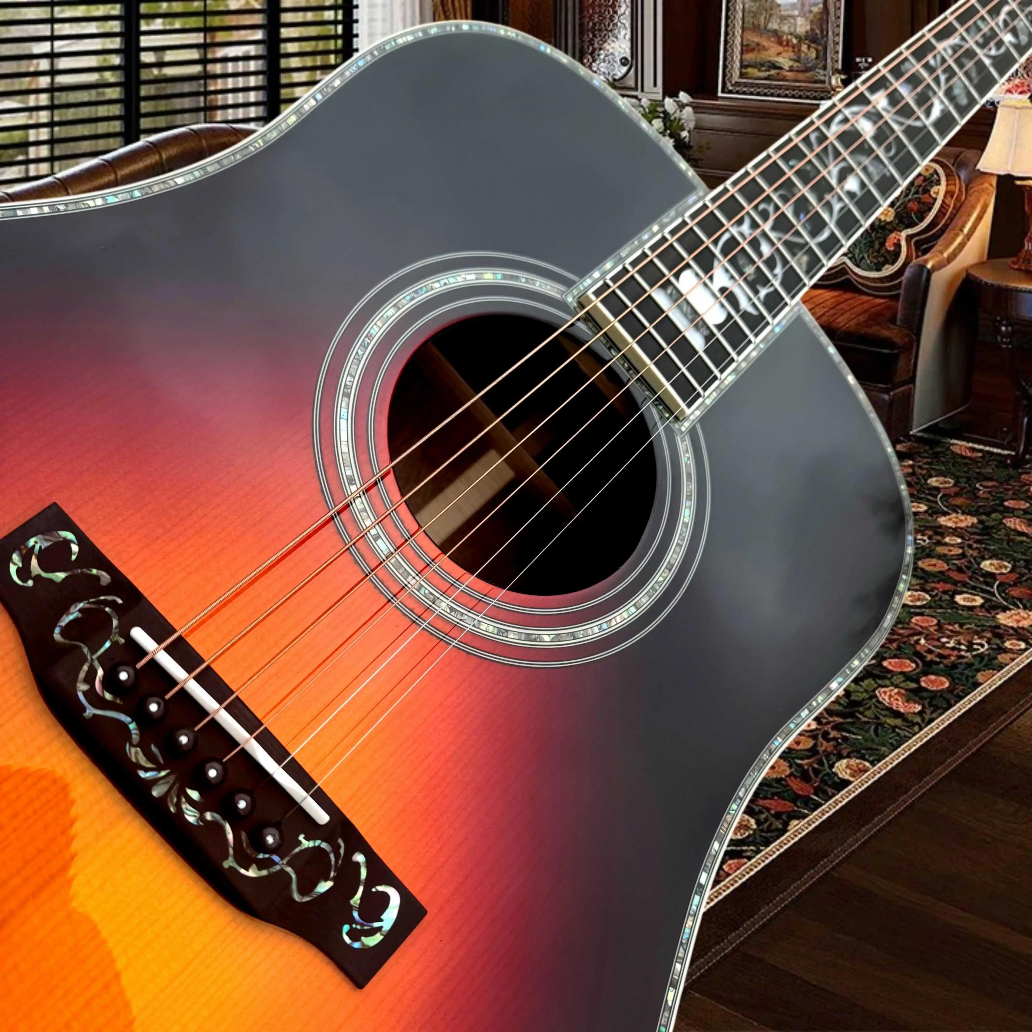 D45VS Acoustic Guitar Small Floral Rosette Black Ebony Bridge Abalone Fingerboard Inlays Vintage Scrollwork Bridge Fingerstyle