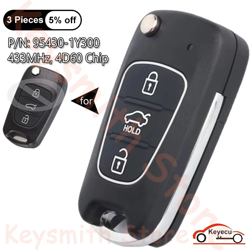 KEYECU 3 Buttons 433MHz 4D60 Chip for Kia Picanto 2011 2012 2013 2014 Auto Upgraded Flip Remote Control Key Fob P/N: 95430-1Y300