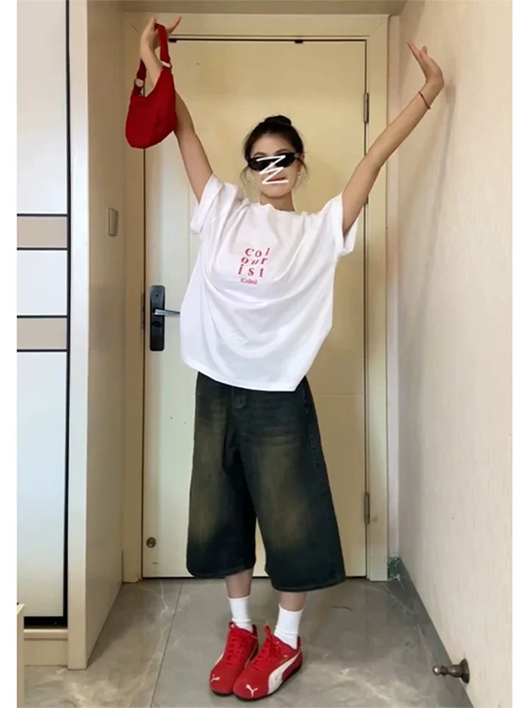 

Прямые джинсовые брюки больших размеров с высокой талией, женские летние свободные брюки для похудения в американском стиле, широкие брюки синего цвета