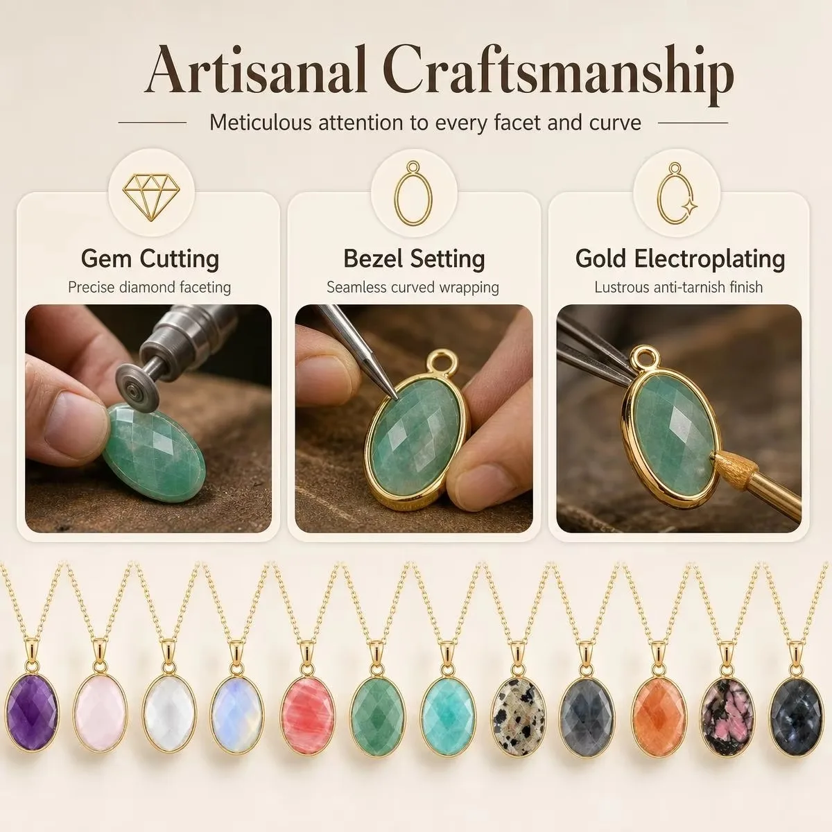 Faceted Oval Stone Gold Frame Pendant Necklace Gold Stainless Steel Chain Unisex Amazonite Crystal Jewelry for Daily Wear