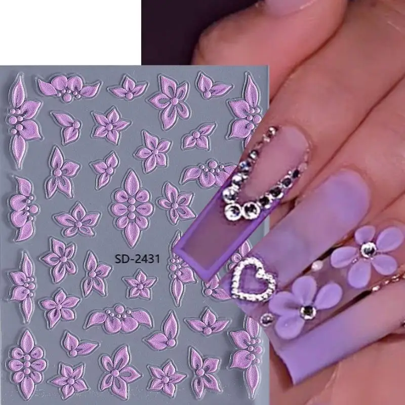 アクリル春夏花柄粘着スライダー装飾 5D エンボスフラワーネイルステッカー エレガントな白緑青の花びらデザイン