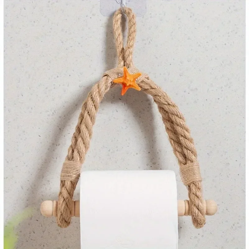 Wall Hanging Rope Toilet Roll Holder Vintage Nautical Ship Wheel Hemp Tissue Rack Punch-Free Coastal Bathroom Storage Organizer