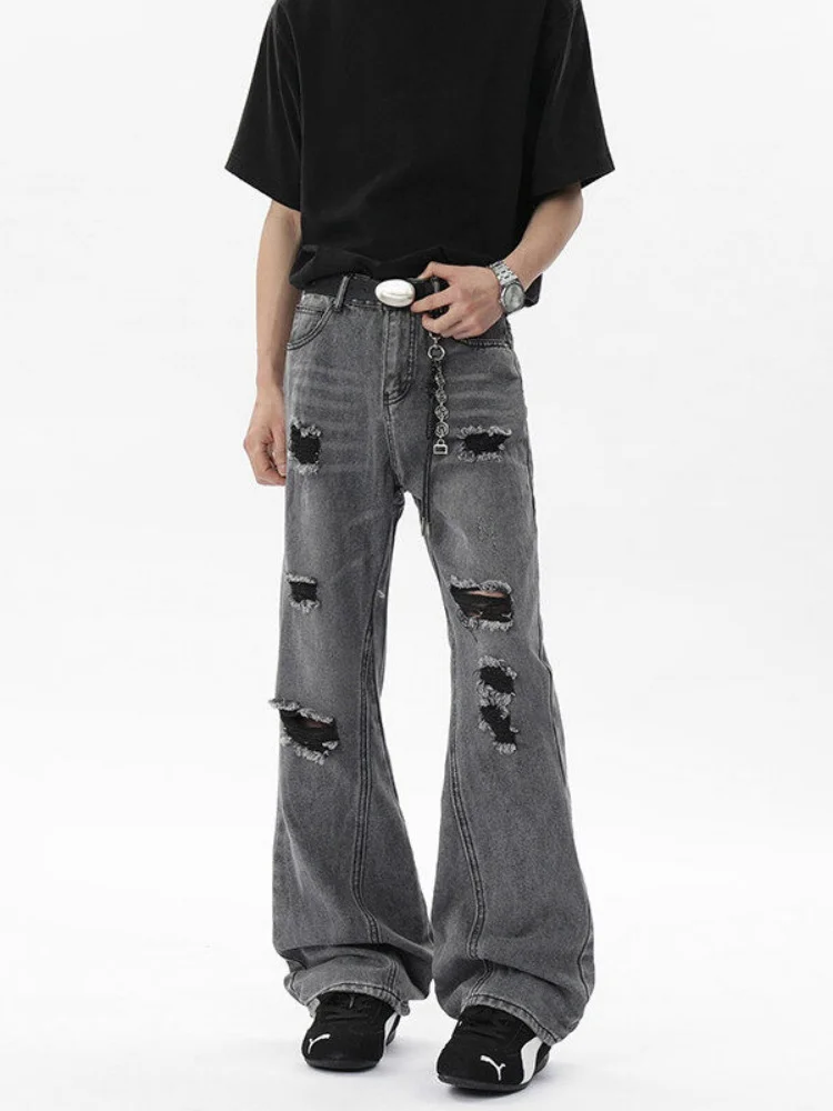

Washed Denim Jeans Men's Spring Autumn Loose Casual High Waist Wide Leg Pants Torn Micro Flared American Retro Cool Knife