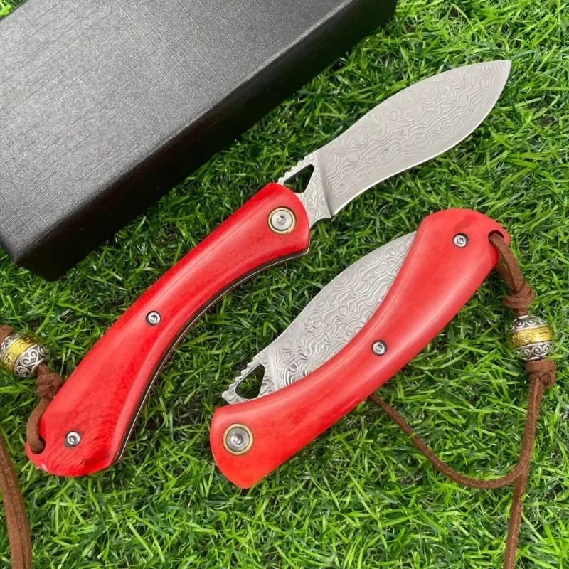 

Utility pocket folding knife Cow bone Handle Damascus Blad edc multitool knives kitchen cutting outdoor selbstverteidigung knife