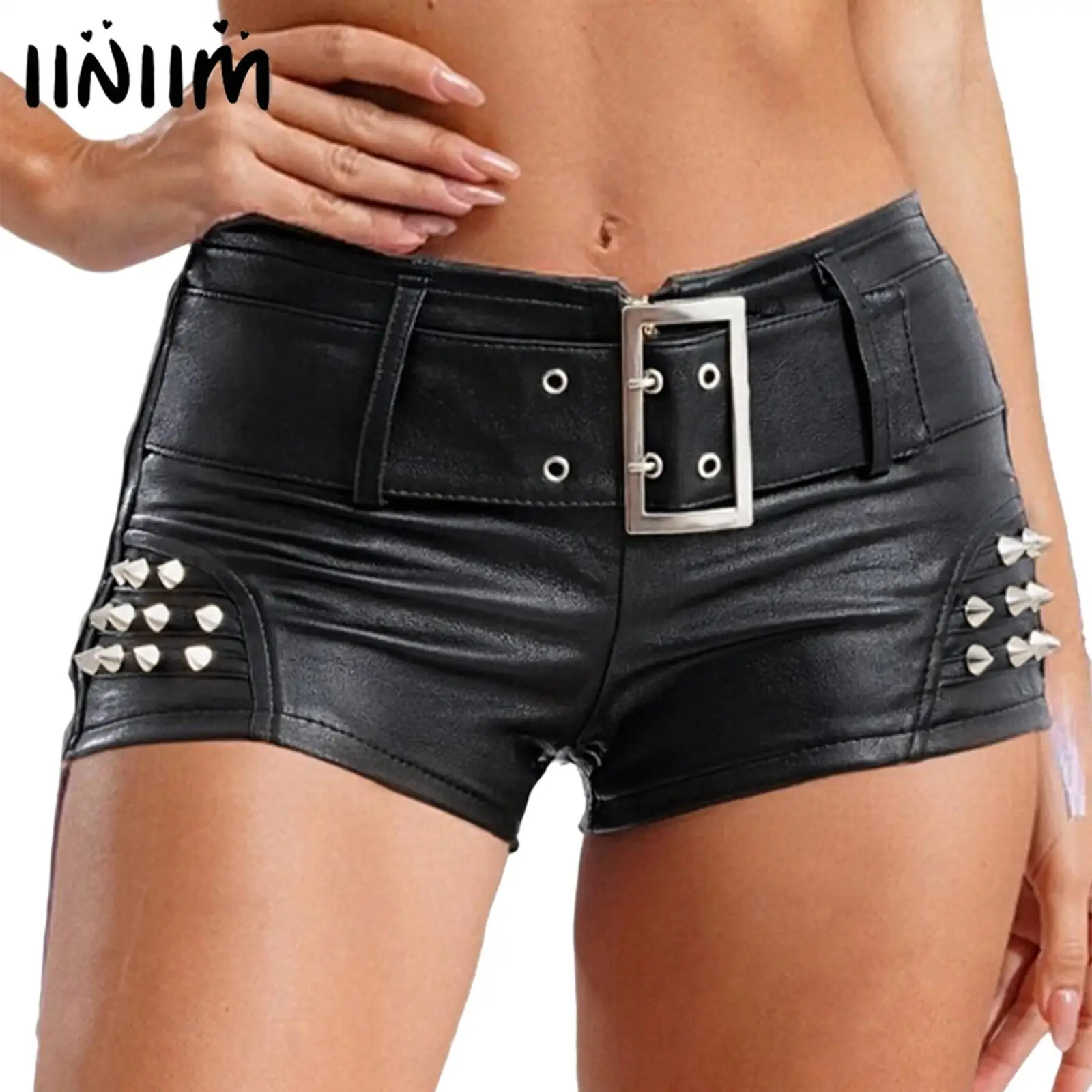 

Женские шорты из искусственной кожи, шорты с заклепками и поясом или не шорты, облегающие короткие штаны, клубный костюм для фестиваля рок-музыки