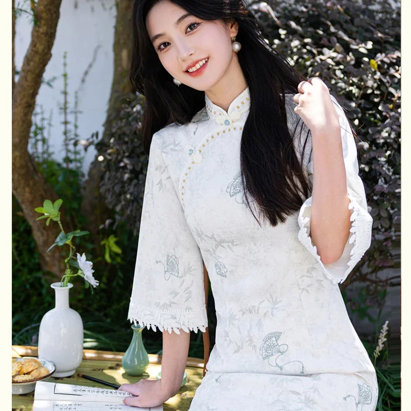 

Spring Summer Cheongsam Vestidos Retro Dress Sexy Elegent Qipao Chinese Tradition Dresses Midi Sweet Gentle Formal Party Gown
