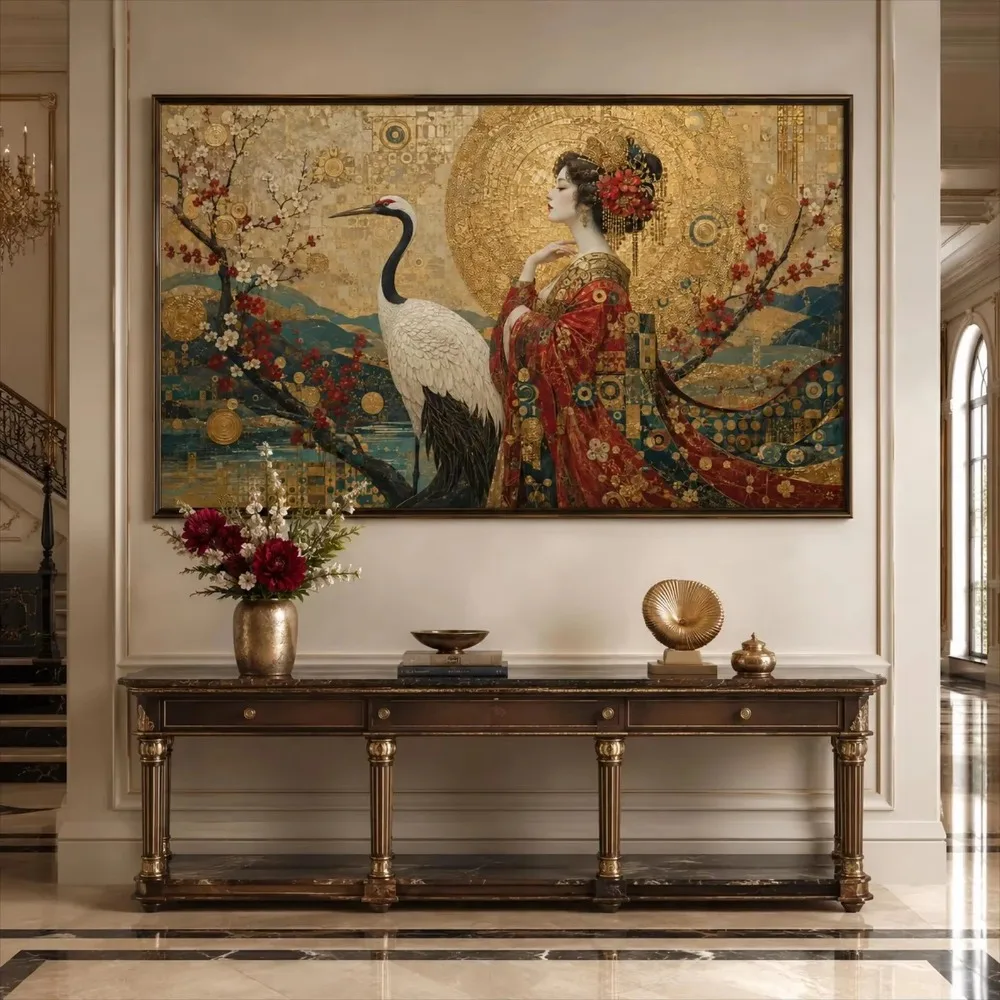 Geisha and Red Crowned Crane Plum Blossom Landscape Canvas Painting Luxury Golden Japanese Poster Print Picture Tea Room Decor
