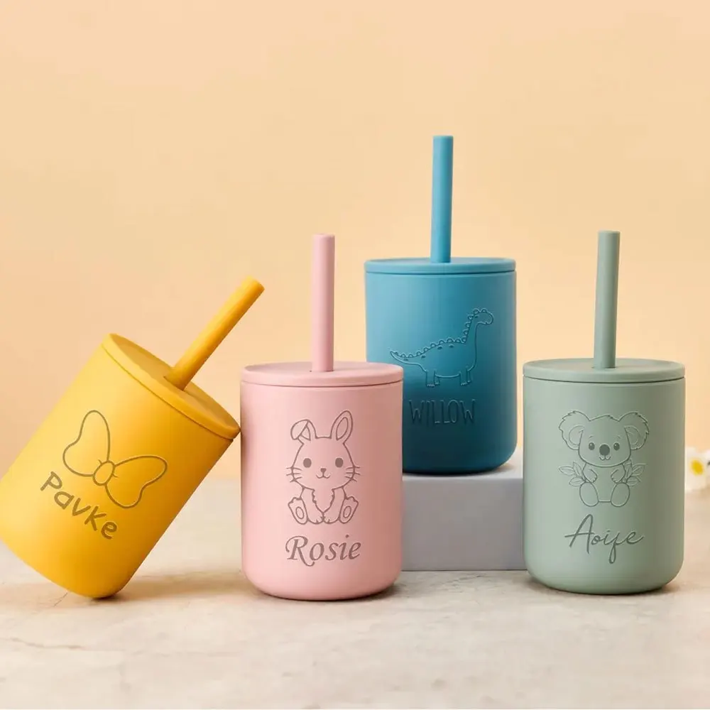 Custom Name Silicone Kids Straw Cup, Engraved Cute Animal Toddler Sippy Cup, Baby Shower Gift for Infant Boys Girls,Christmas.