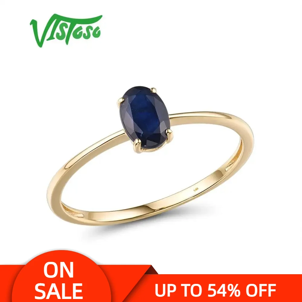 VISTOSO Genuine 14K 585 Yellow Gold Rings For Women Sparkling 6X4mm Blue Sapphire Simple Style Engagement Wedding Fine Jewelry