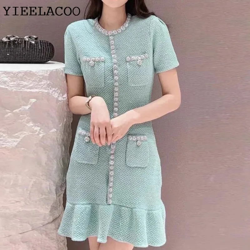 Mint green knitted dress, spring and autumn women\'s clothing, socialite, ruffled edge mini classic dress