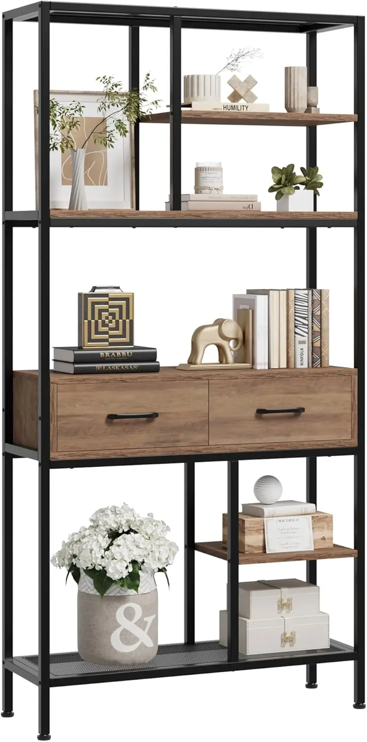

Book Shelf, Tall Bookcase With Storage, 6-Tier Industrial Bookshelf With 2 Wooden Drawers For Home Office And Living Room,