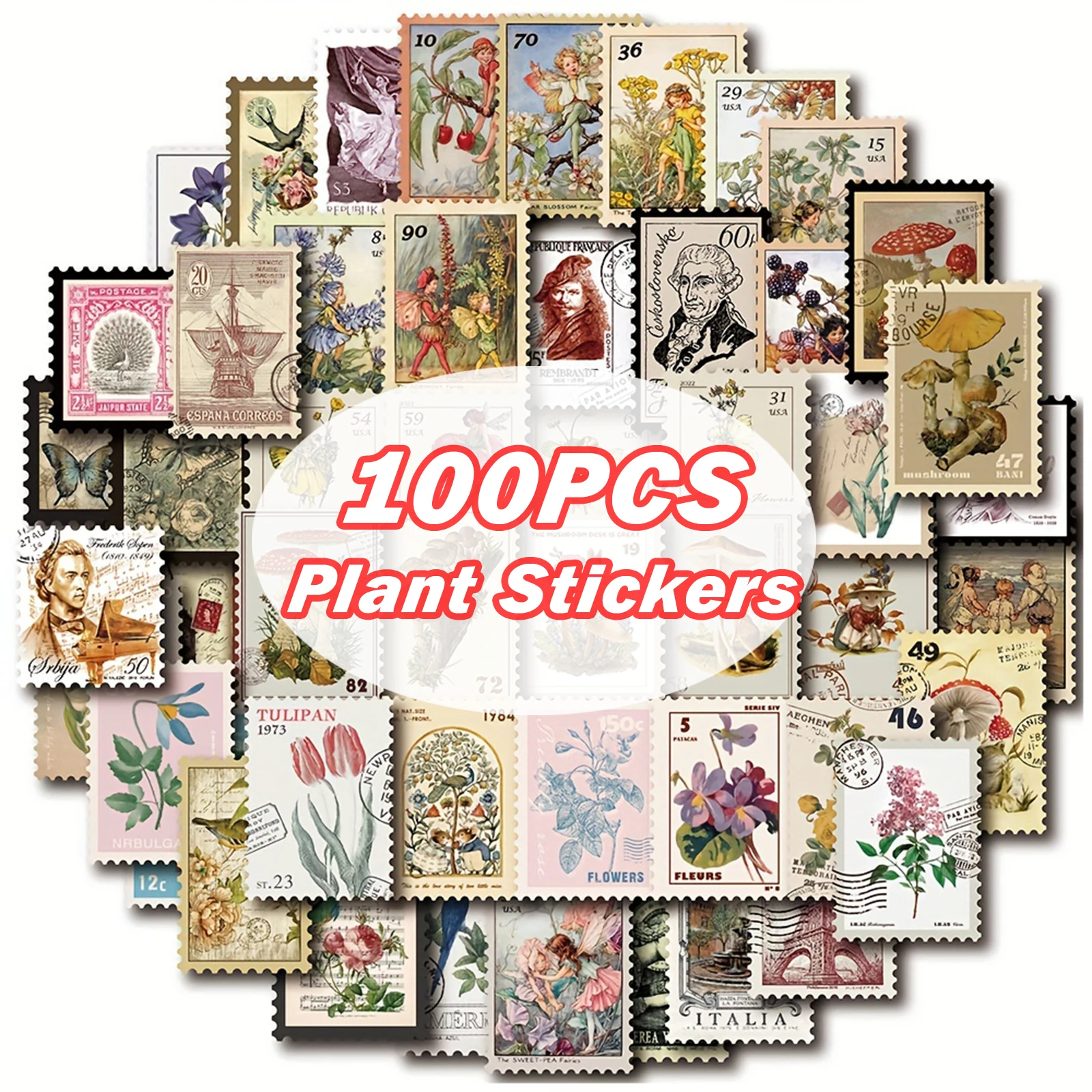 100PCS Stempel Stil Pflanzen Aufkleber Set Für Journal Planer DIY Kunst Handwerk Scrapbooking Tagebuch Laptop Gepäck Skateboard Aufkleber