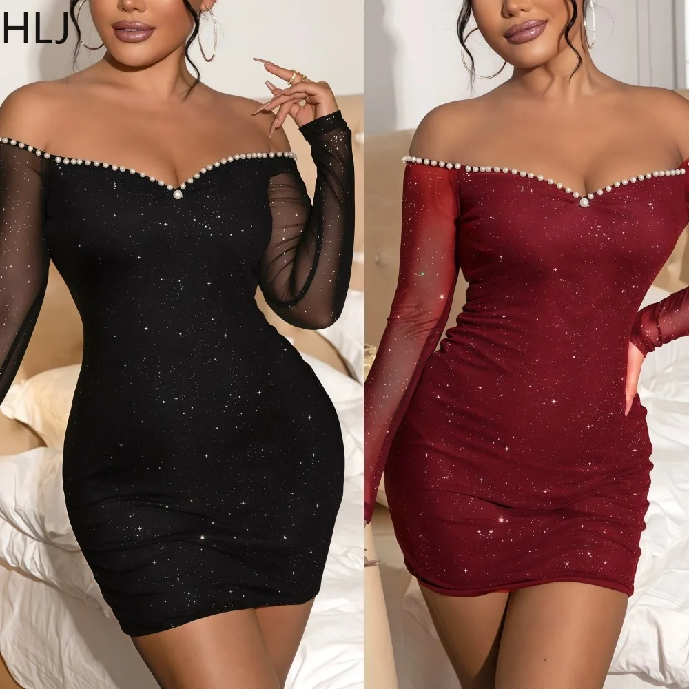 

HLJ Sexy Pearl Patchwork Mini Dress Women Mesh Off Showlder Long Sleeves Sequin Bodycon Dresses Female Clubwear Vestidos New